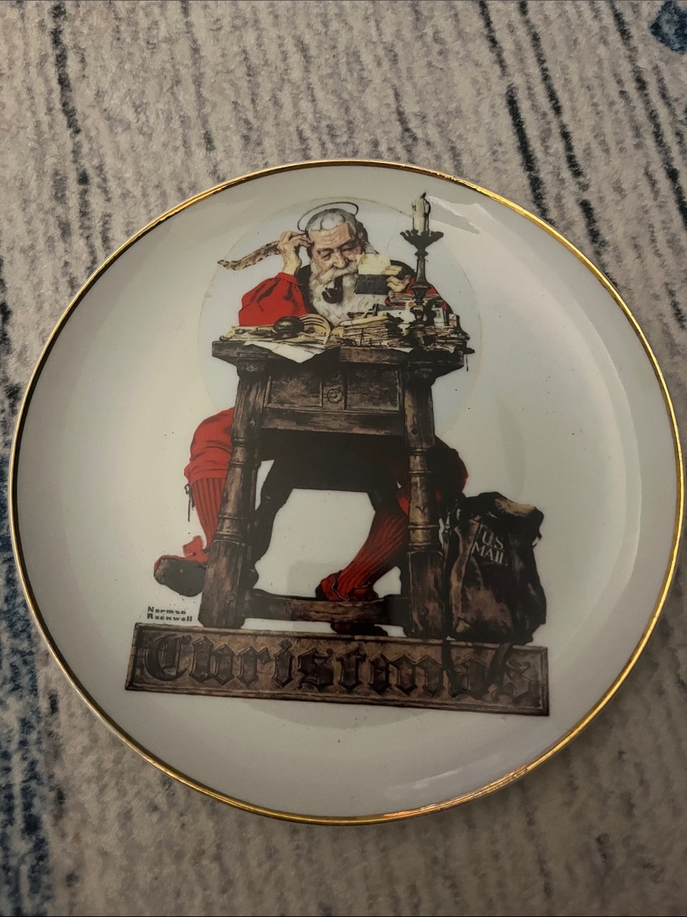 Christmas Decorative Plate with Gold Rim - White & Red Holiday Design